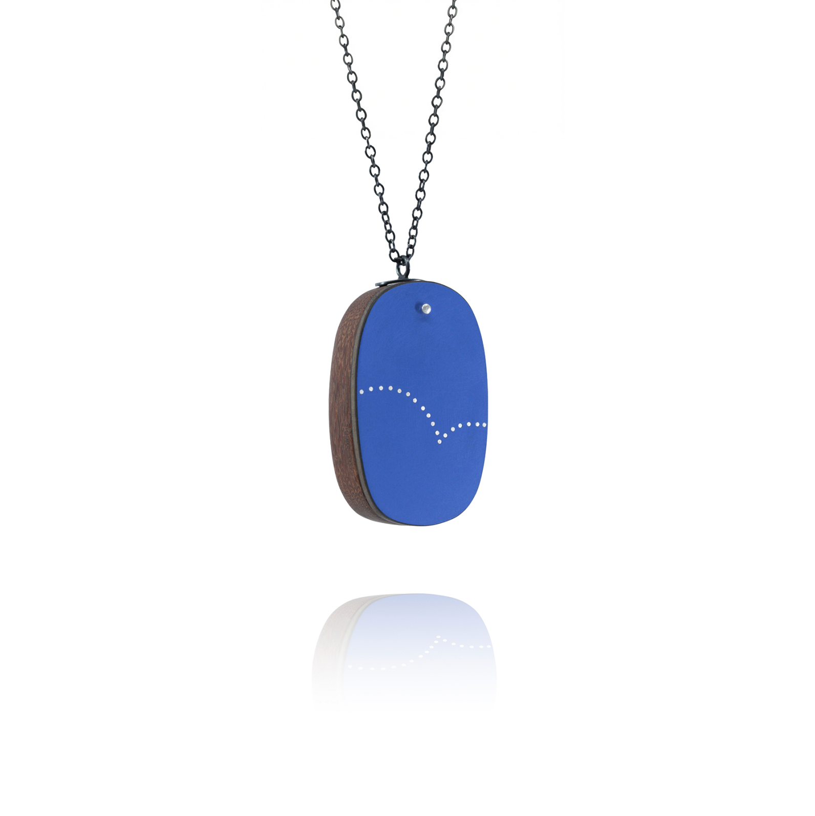 Blue pendant necklace on a white background