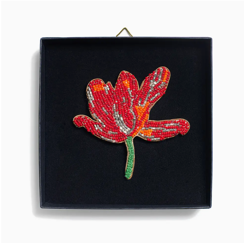 Beaded red tulip brooch in black presentation box