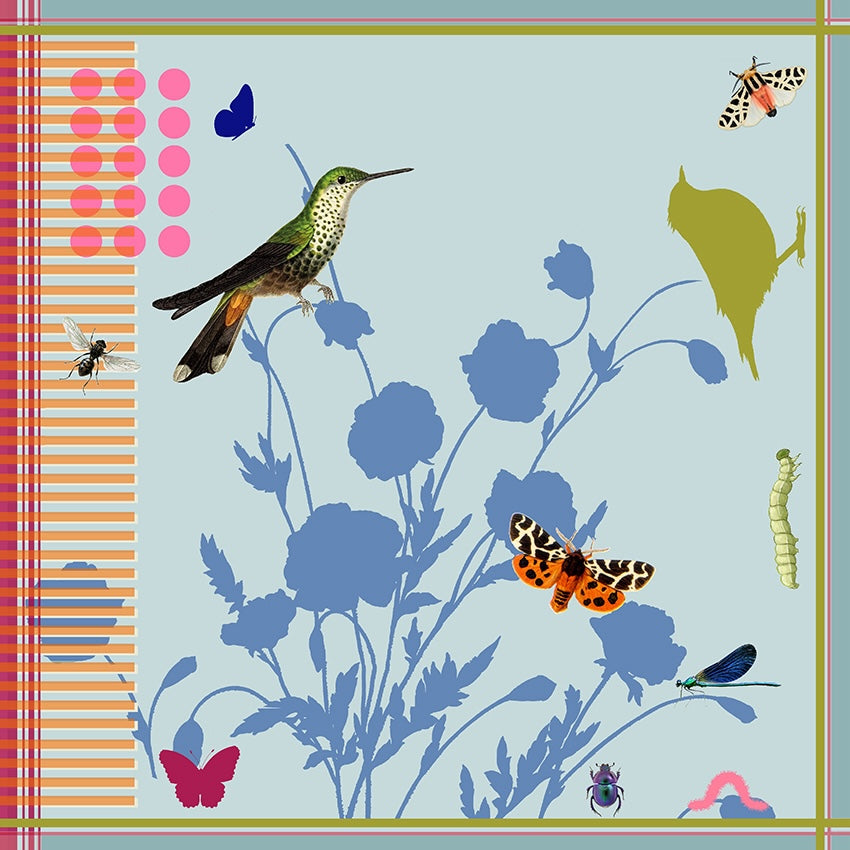 Botanical Blue Silk Scarf with Birds