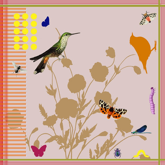 Botanical Pink Silk Scarf with Birds