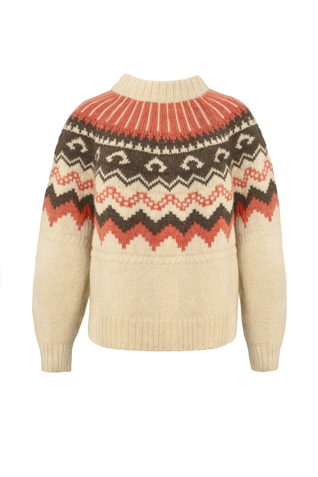 Beige sweater with red and brown pattern on a white background