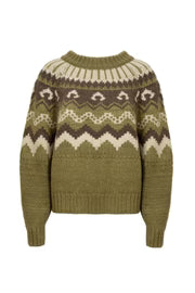 Green knitted sweater with a pattern on a white background