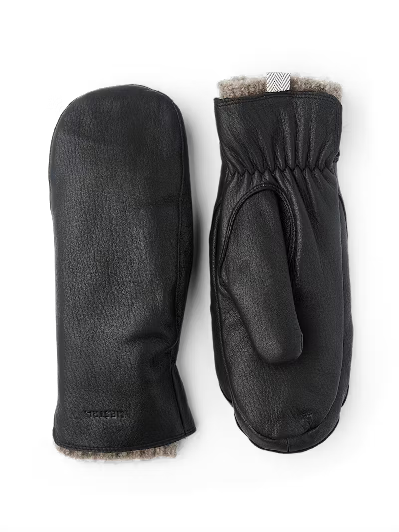 Black mittens with fur lining on a white background