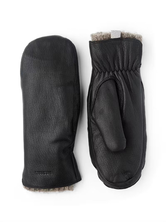 Black mittens with fur lining on a white background