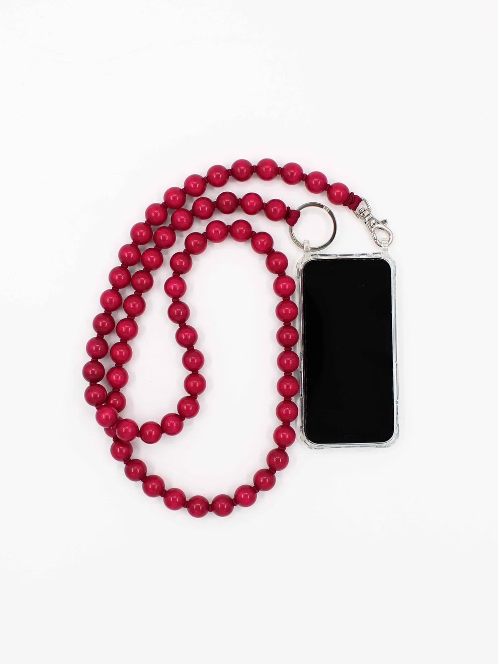 Red beaded phone lanyard with a phone case on a white background