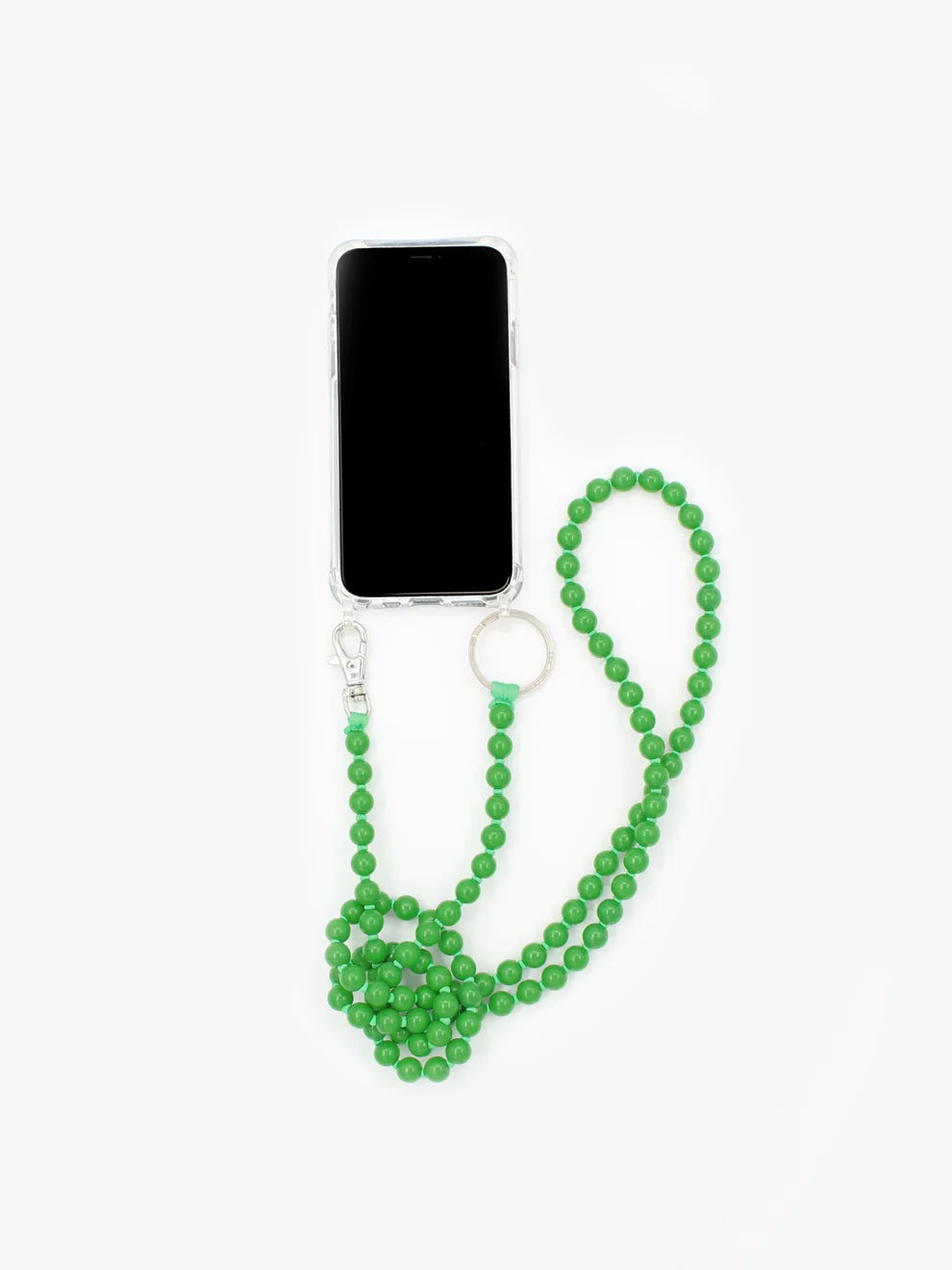 A bright green beaded phone strap with a silver clasp and key ring, shown attached to a black smartphone on a clean white background.