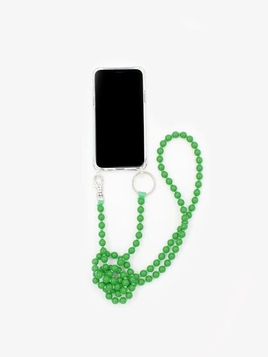 A bright green beaded phone strap with a silver clasp and key ring, shown attached to a black smartphone on a clean white background.
