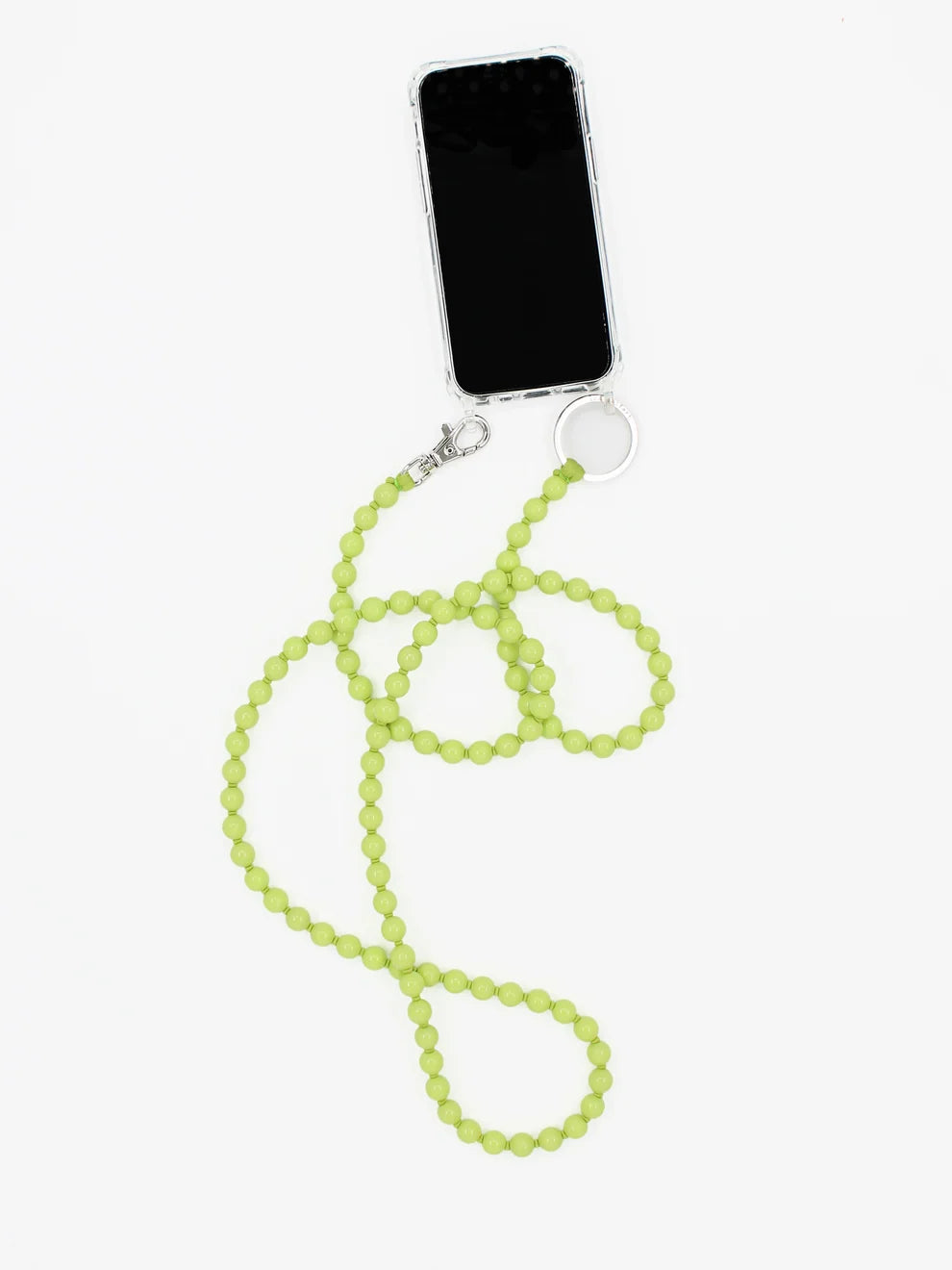 A phone necklace with lime beads attached to a phone on a white background.