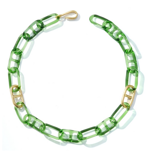 Green glass chain link choker necklace with two brass links