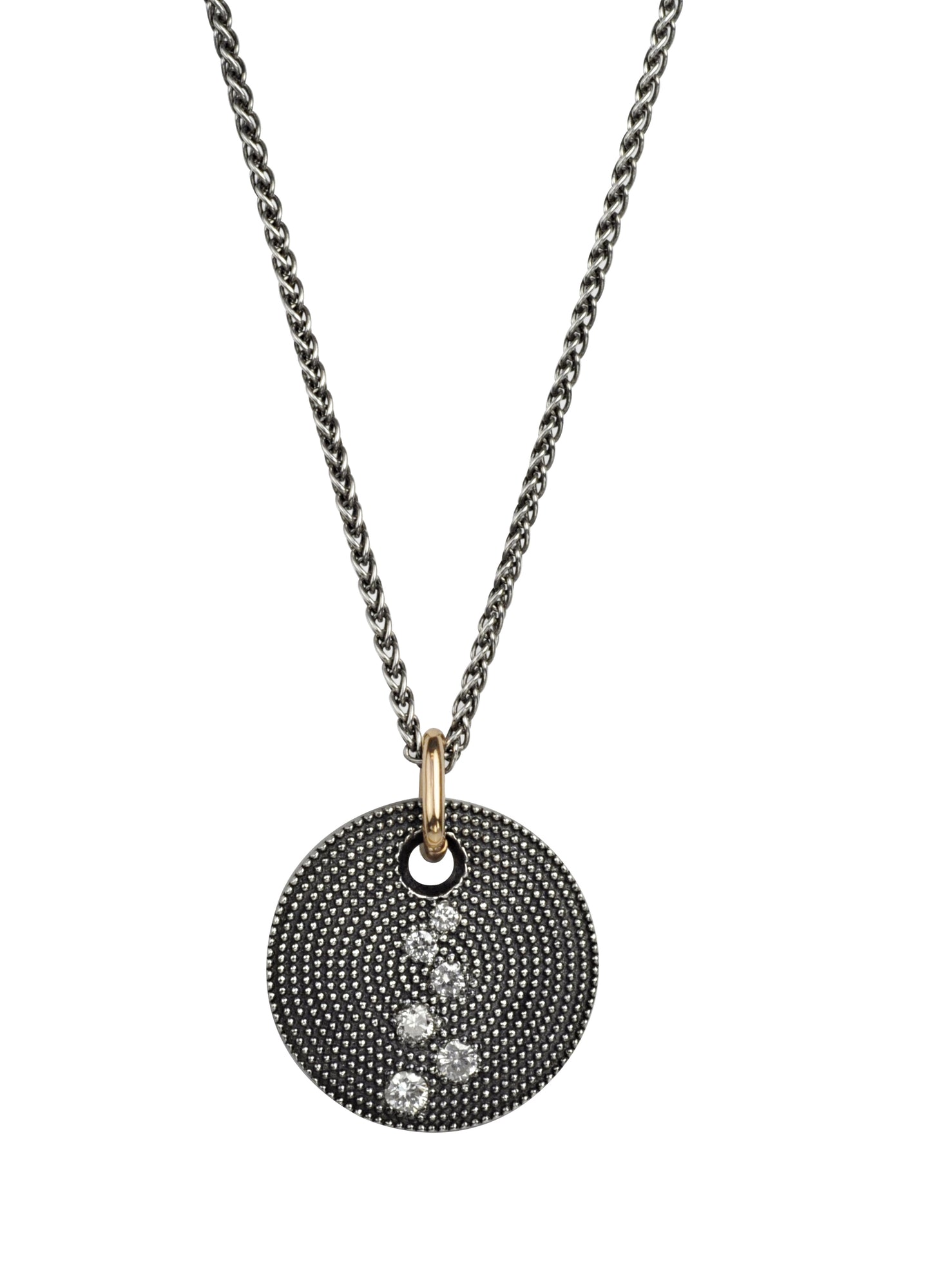 Necklace with a black pendant featuring small diamonds on a white background