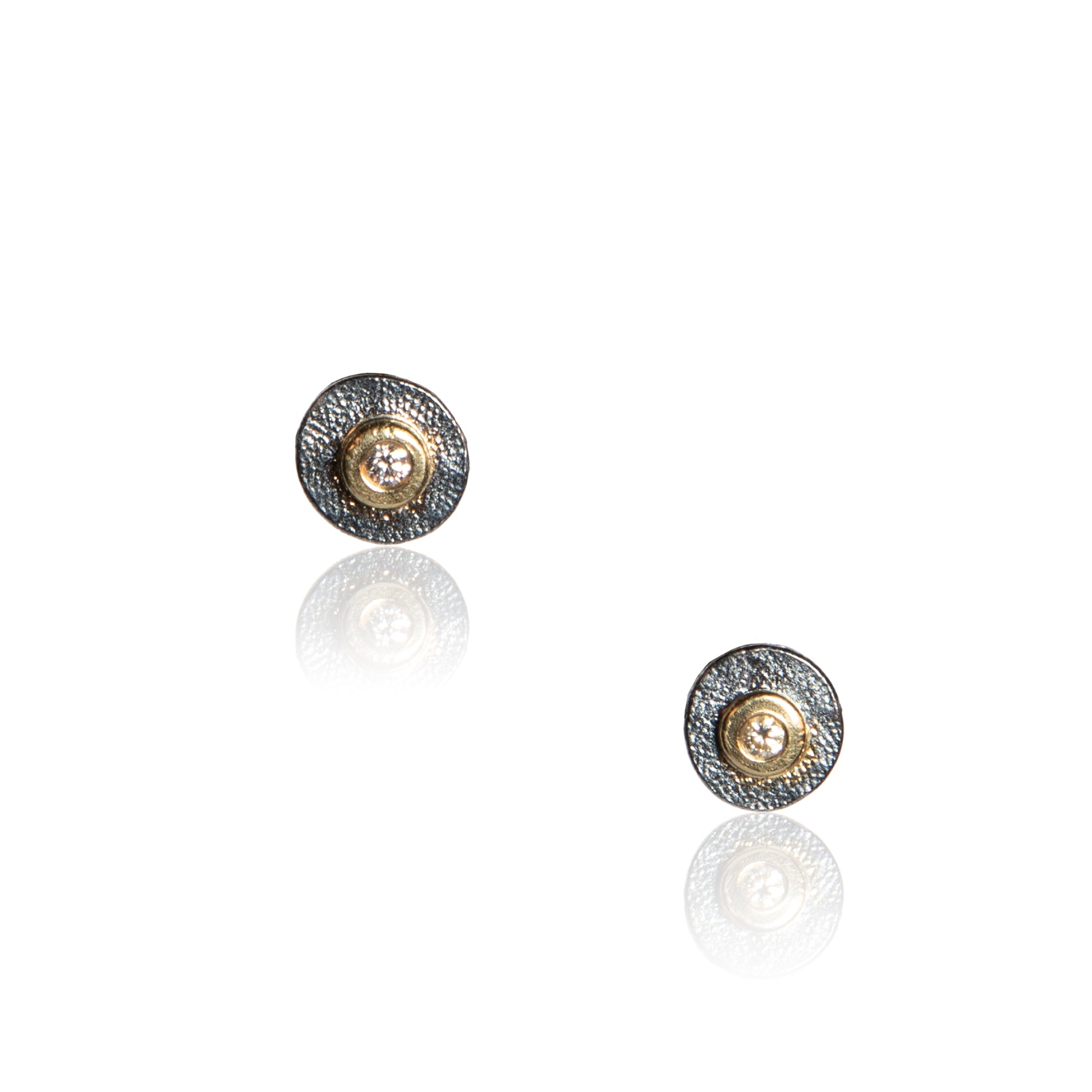 Oxidized silver post earrings with diamonds set in yellow gold by Joanna Gollberg