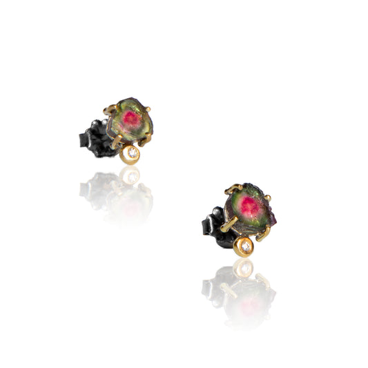 Watermelon Tourmaline slice post earrings with gold prongs and bezel set tiny diamonds by Joanna Gollberg