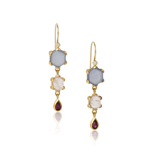 18k drop earrings with chalcedony, Morganite and garnet gem stones