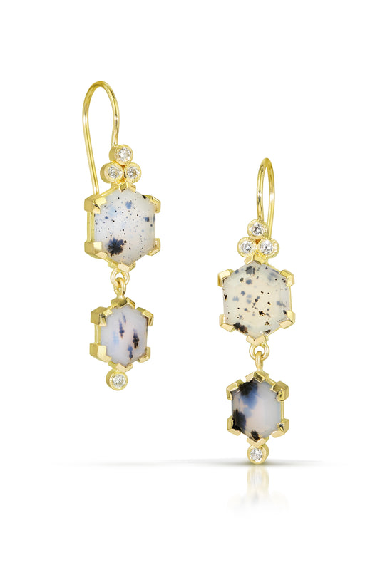 18k gold and Montana agate double drop earrings with diamonds