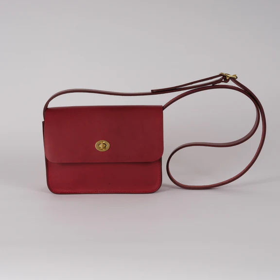 Picture of red leather handbag on flat grey background.
