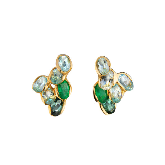 Gold post earrings with cluster of blue green tourmaline gemstones