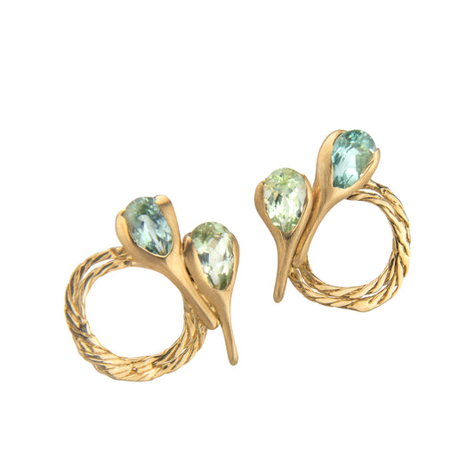 Gold circle post earrings with blue and green tourmaline gemstones