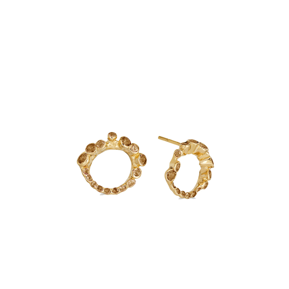 Gold circle post earrings with cognac diamonds set around the edge