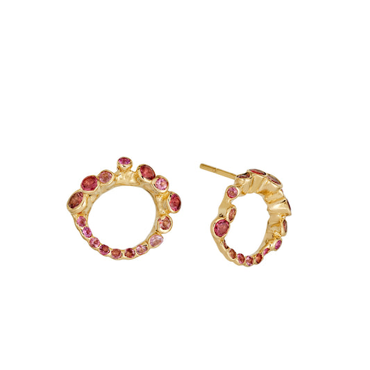 Gold circle post earrings with pink tourmalines set around the edge