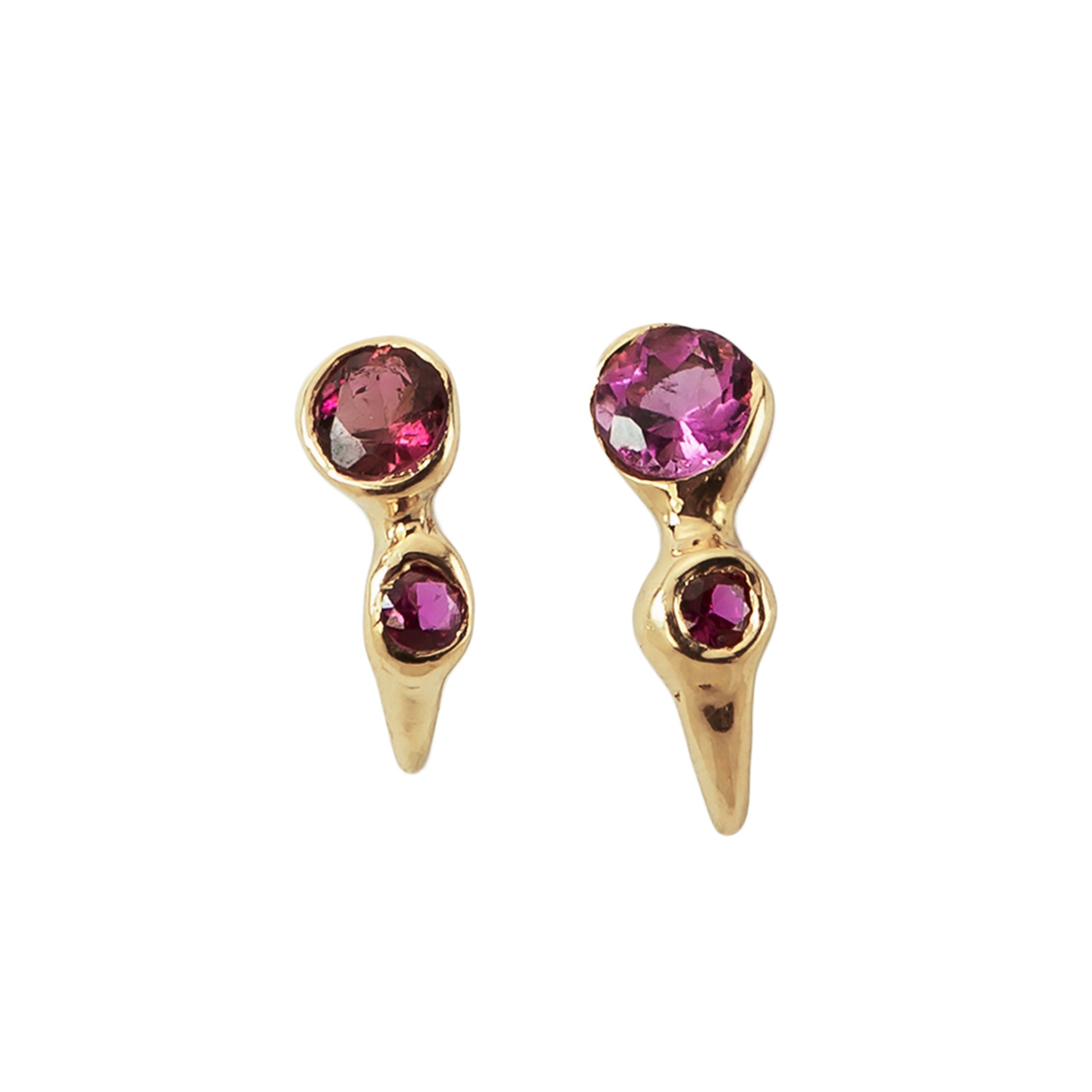 post earrings with pink tourmalines and rubies