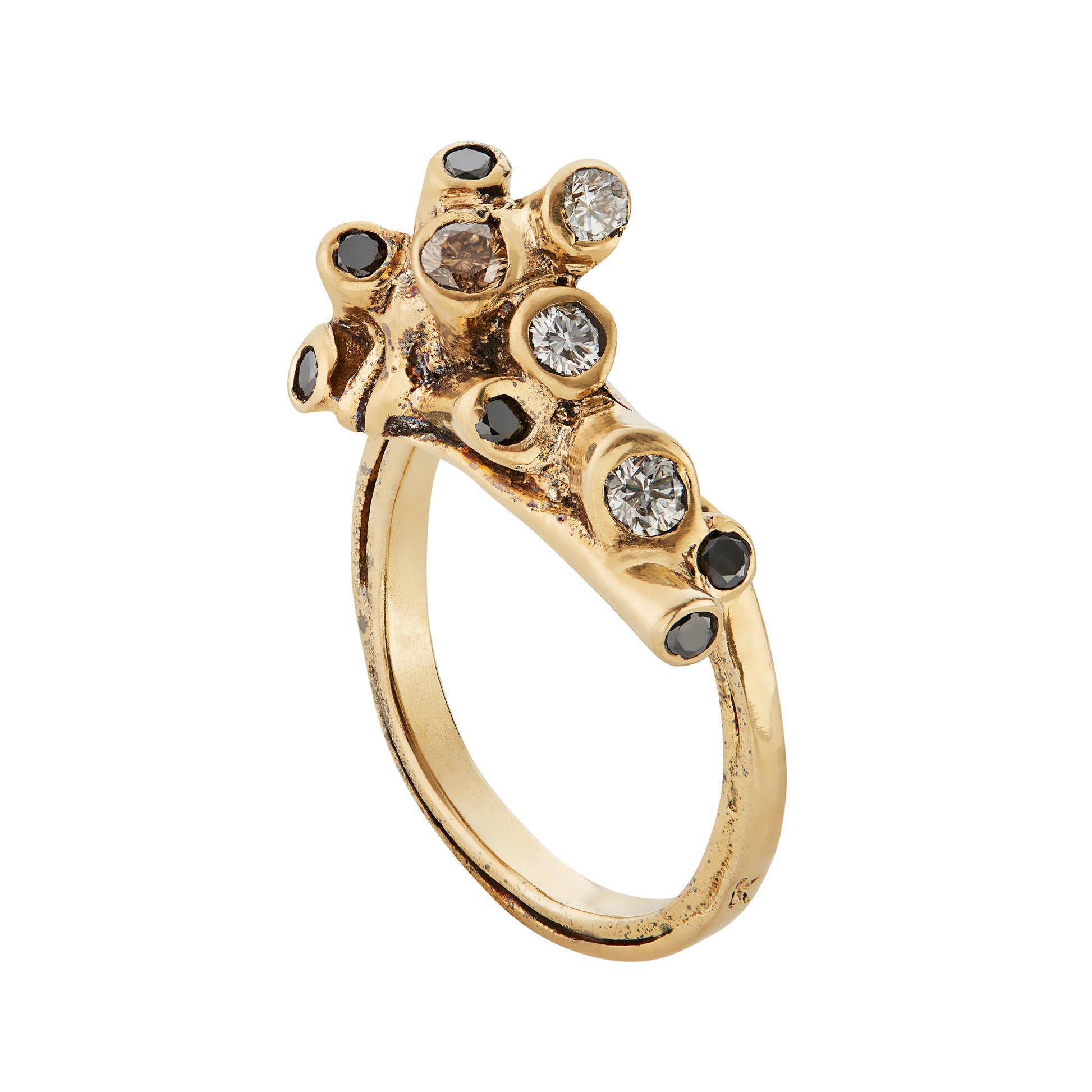 Gold ring with black, white and cognac diamonds clustered on top edge