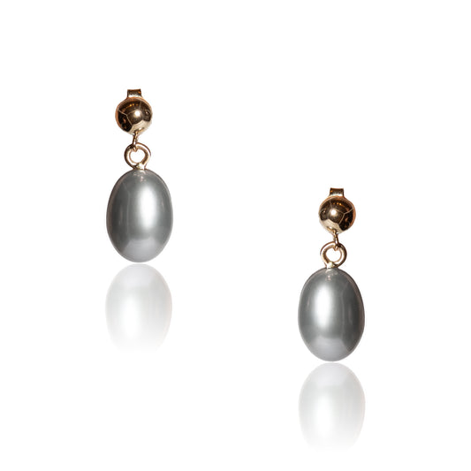 Gold ball post earrings with dove grey pearls.