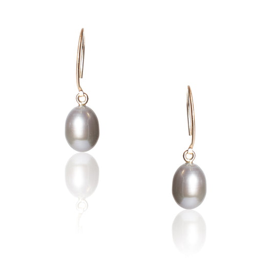 grey pearls on round gold earwires