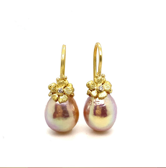 Floral Freshwater Pearl and Gold Earrings