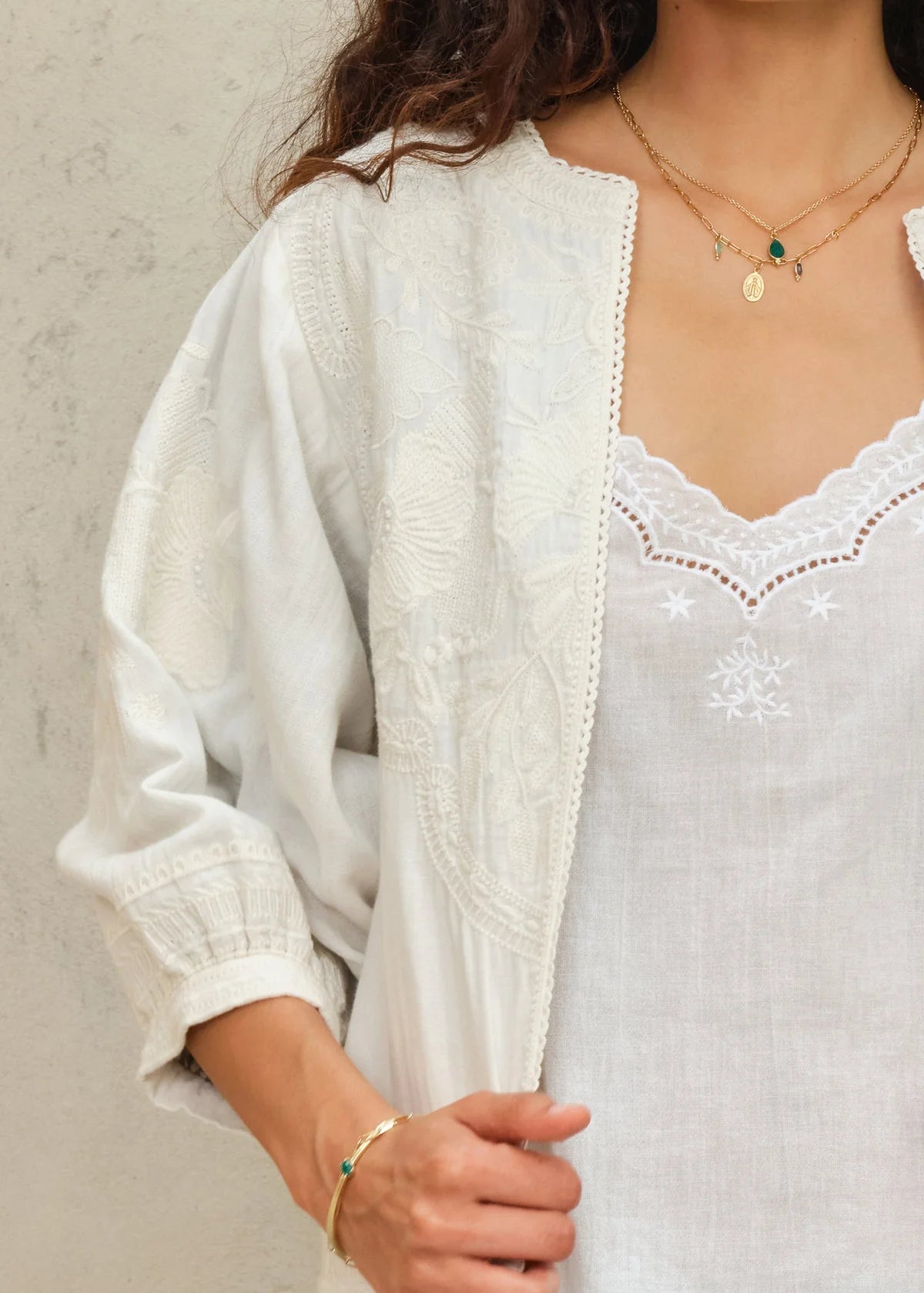 Close-up of a person wearing a white lace top and light cardigan against a neutral background