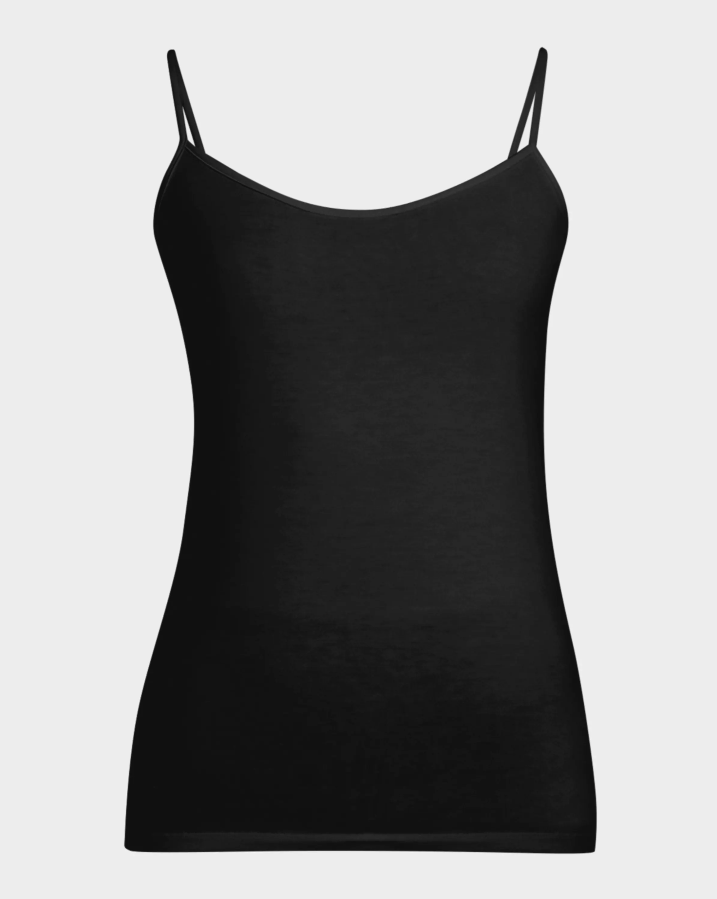 Black camisole with thin straps on a light gray background