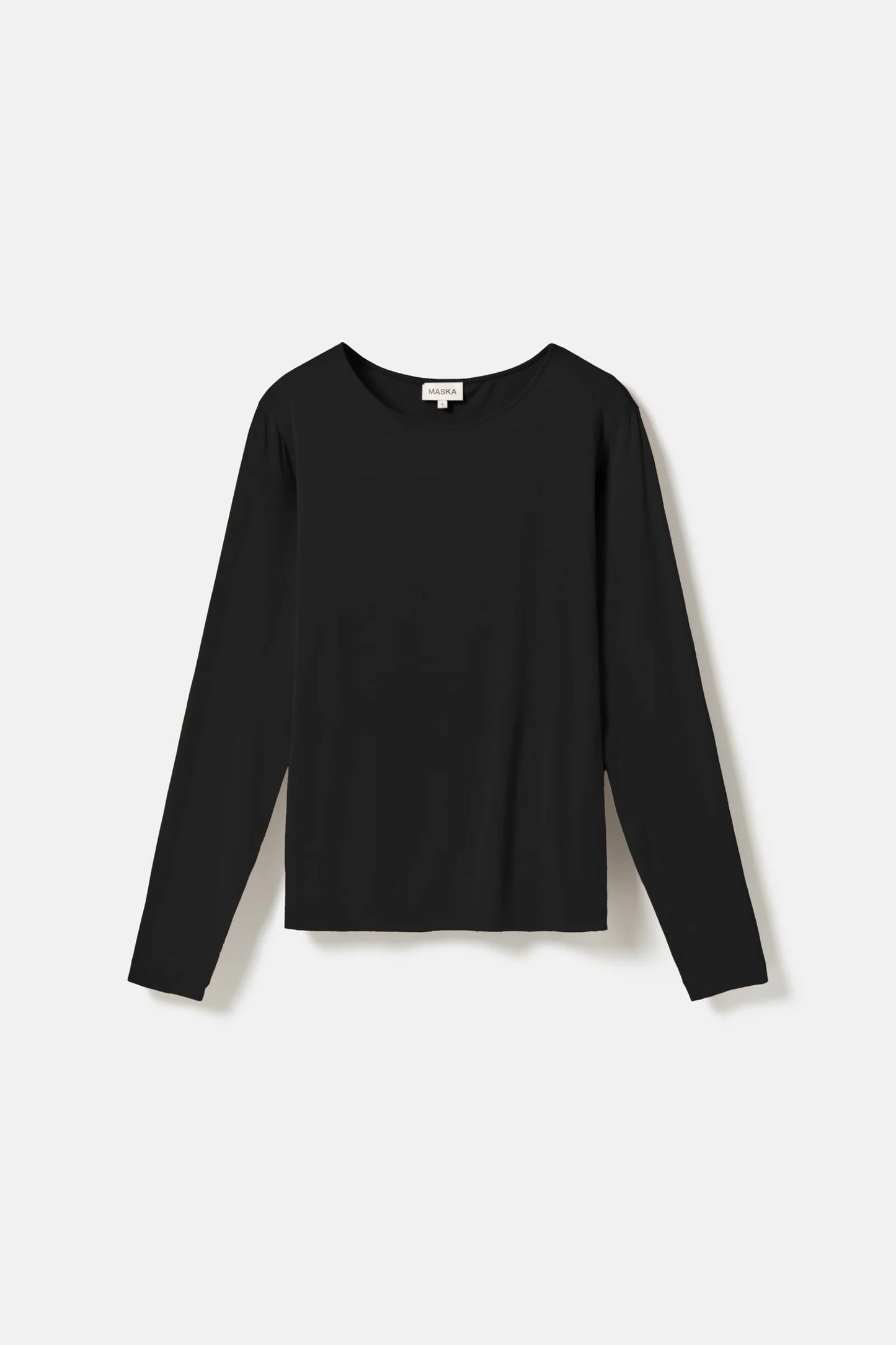 A black long-sleeve crewneck top displayed flat against a light gray background.
