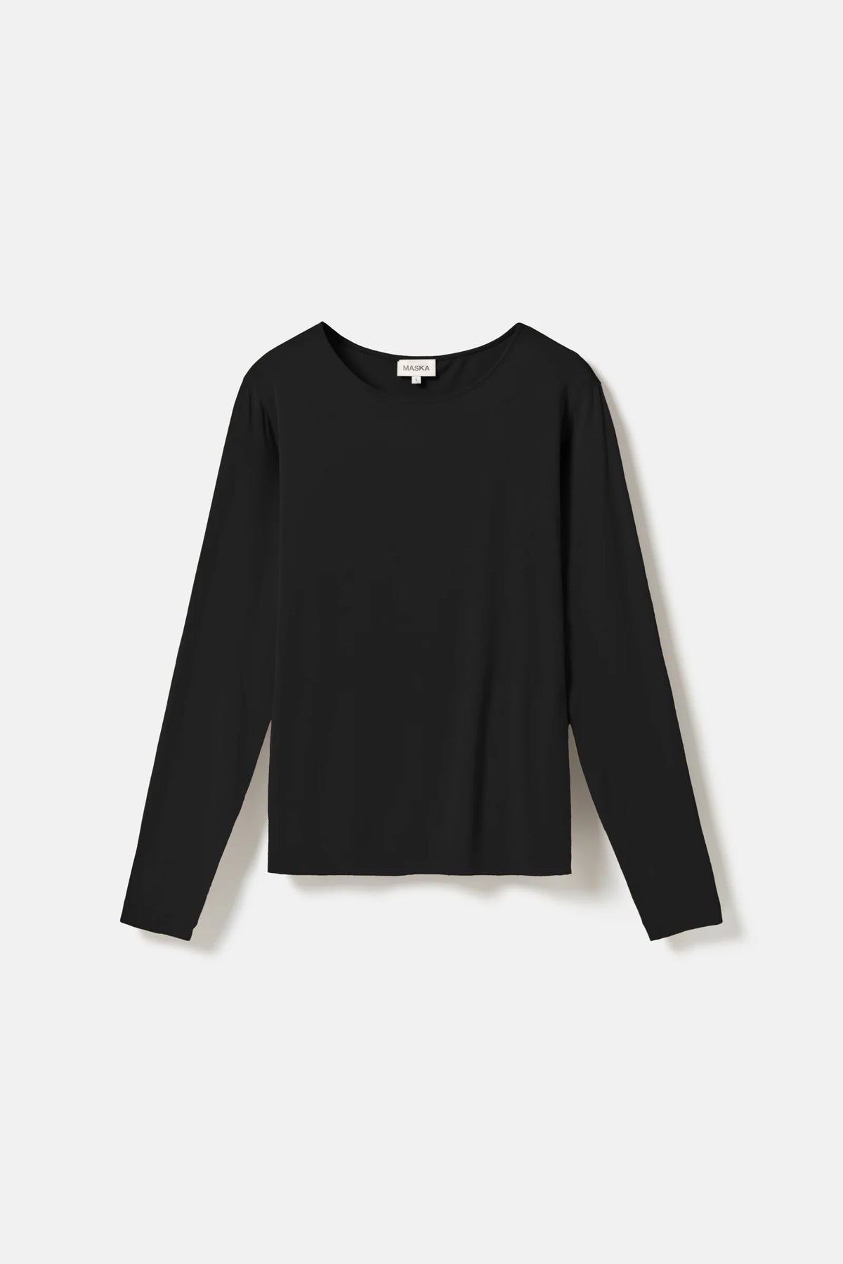 A black long-sleeve crewneck top displayed flat against a light gray background.