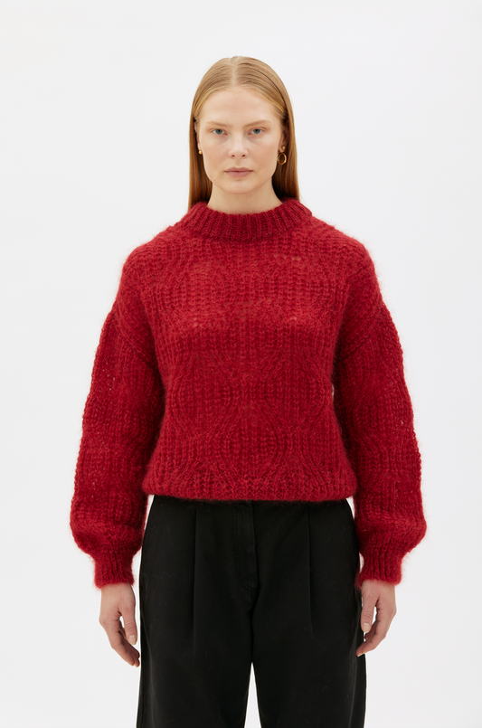 woman wearing berry red lace knit sweater