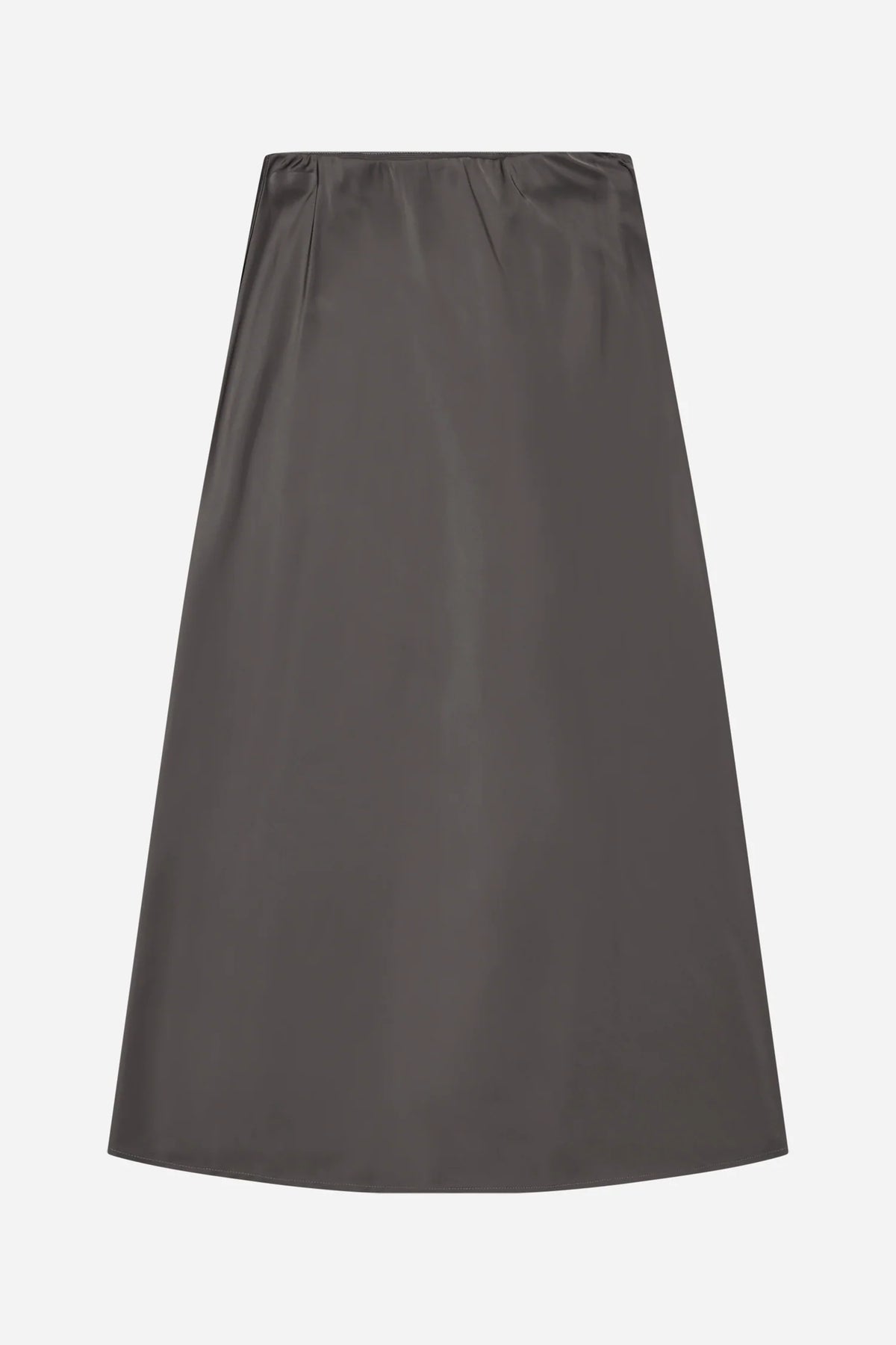 A long metallic grey skirt shown against a white background.