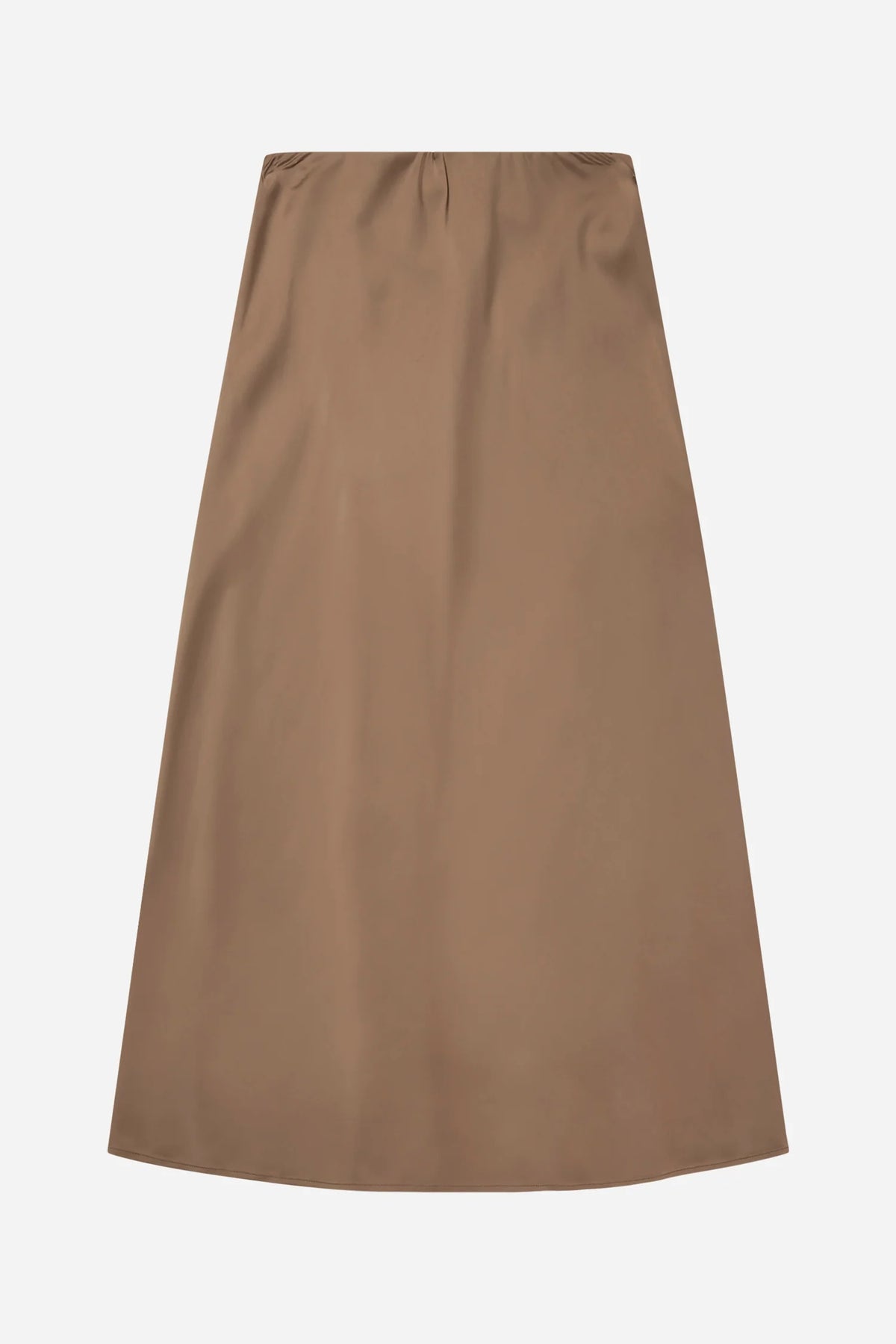 A long camel color skirt shown against a white background.