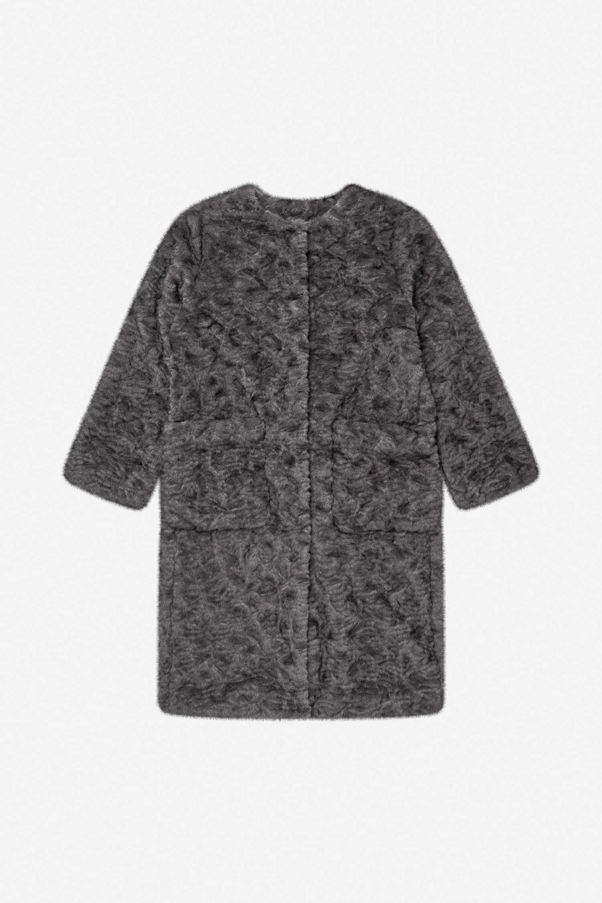 A dark gray textured fleece jacket with a subtle tonal pattern, shown flat against a plain white background.