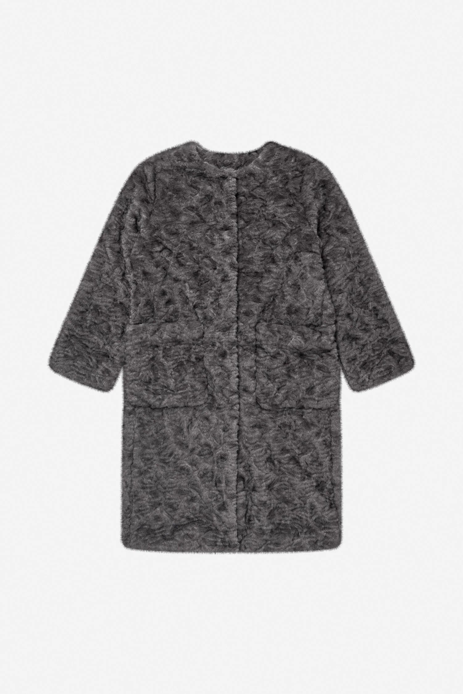 A dark gray textured fleece jacket with a subtle tonal pattern, shown flat against a plain white background.
