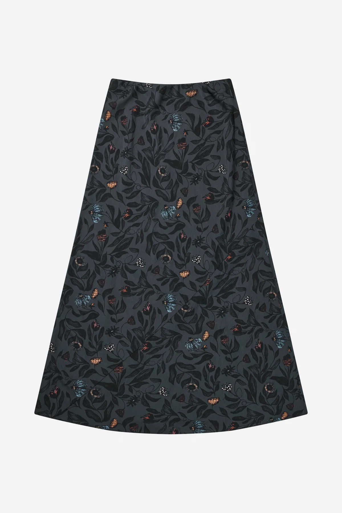 Dark patterned skirt on a light gray background