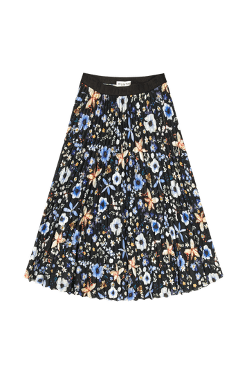 Pleated floral print skirt with black background and blue, white and peach colored flowers. The skirt has an elastic waistband.