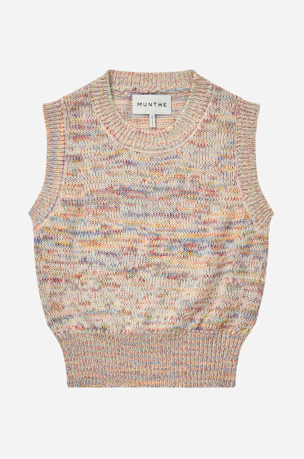 image of beige knitted vest with multi colored highlights on white background
