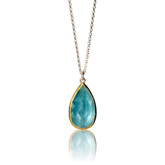 Rose cut aquamarine teardrop pendant set in gold on silver chain.