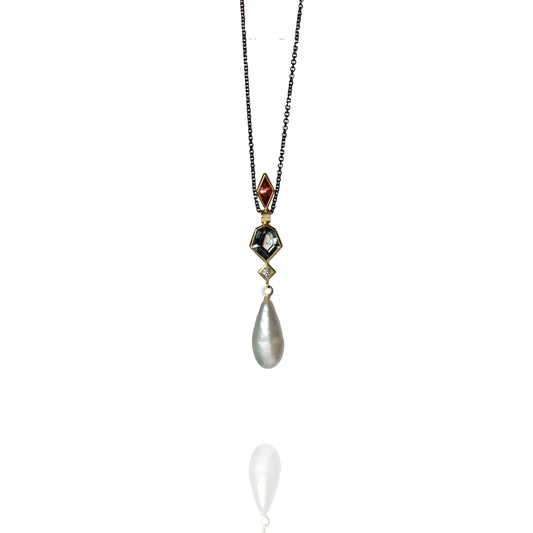 Spinel, Garnet, Pearl and Diamond Pendant