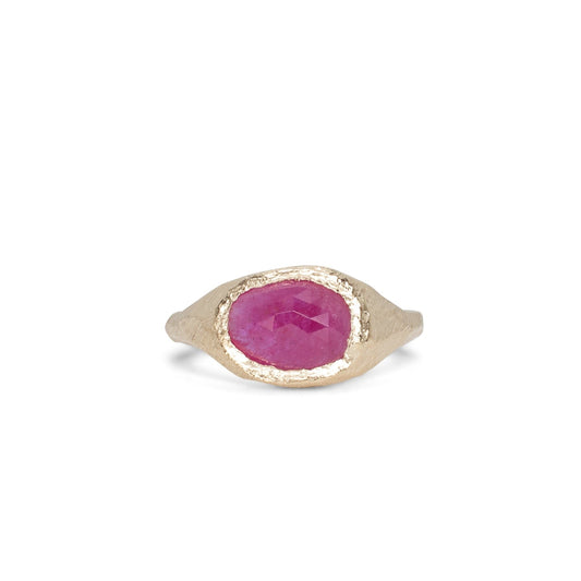 18k Gold Signet Ring with Burgundy Pink Sapphire