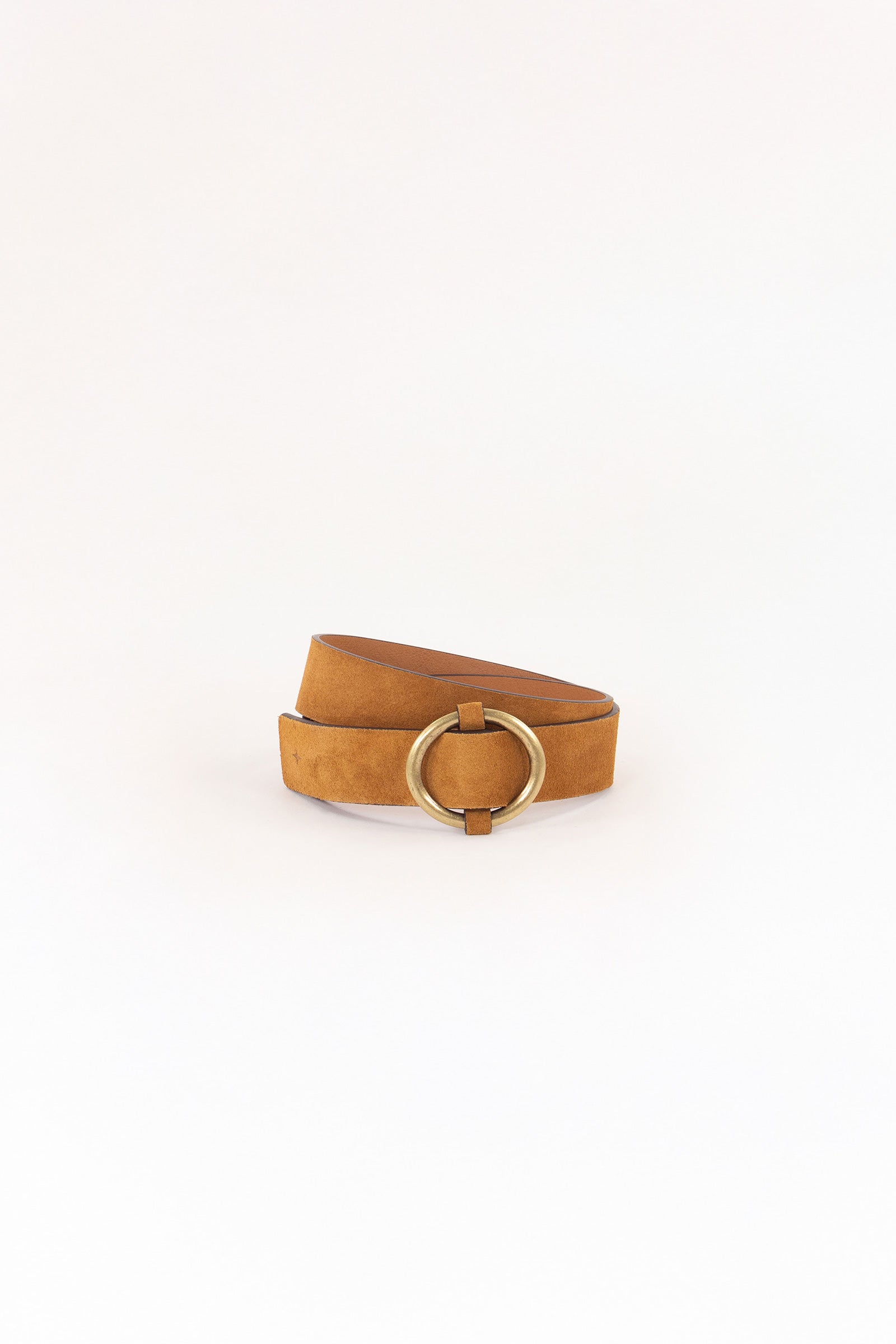 Picture of brown suede belt with a gold colored buckle.