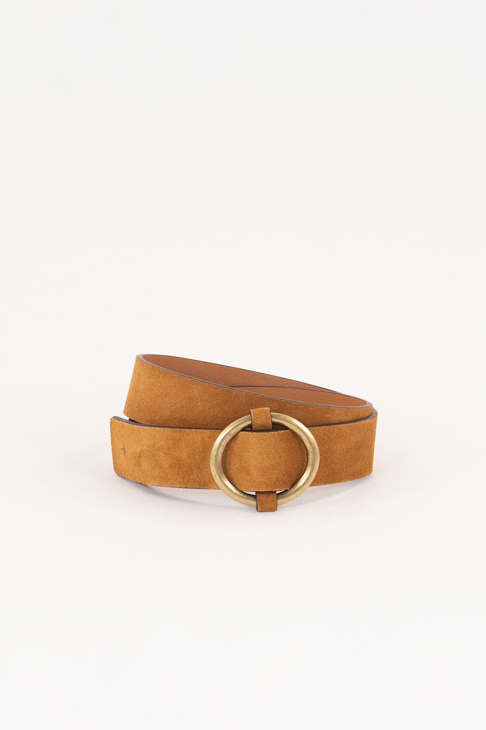 Picture of brown suede belt with a gold colored buckle.