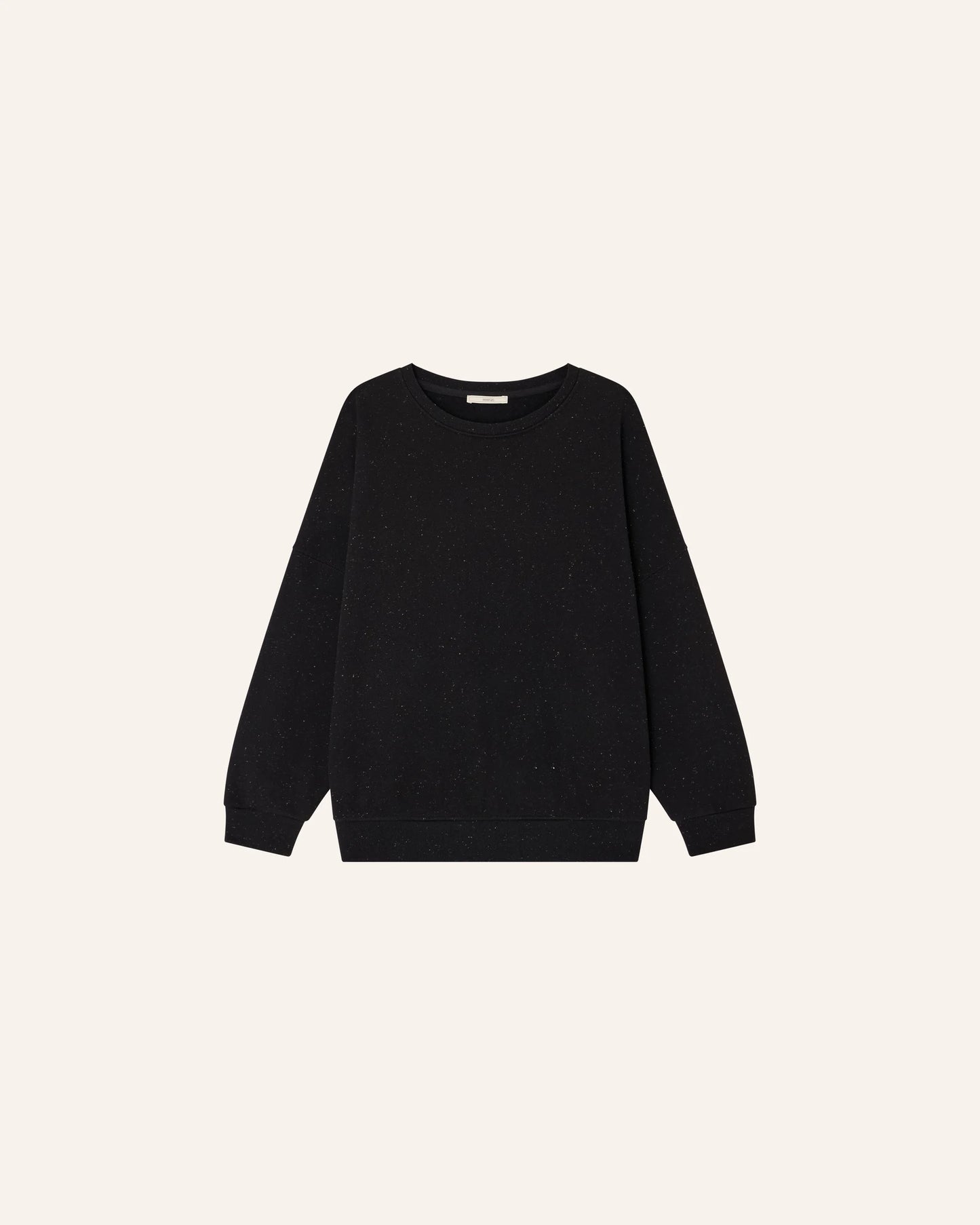 A black long-sleeve crewneck sweater displayed flat against a solid off-white background.