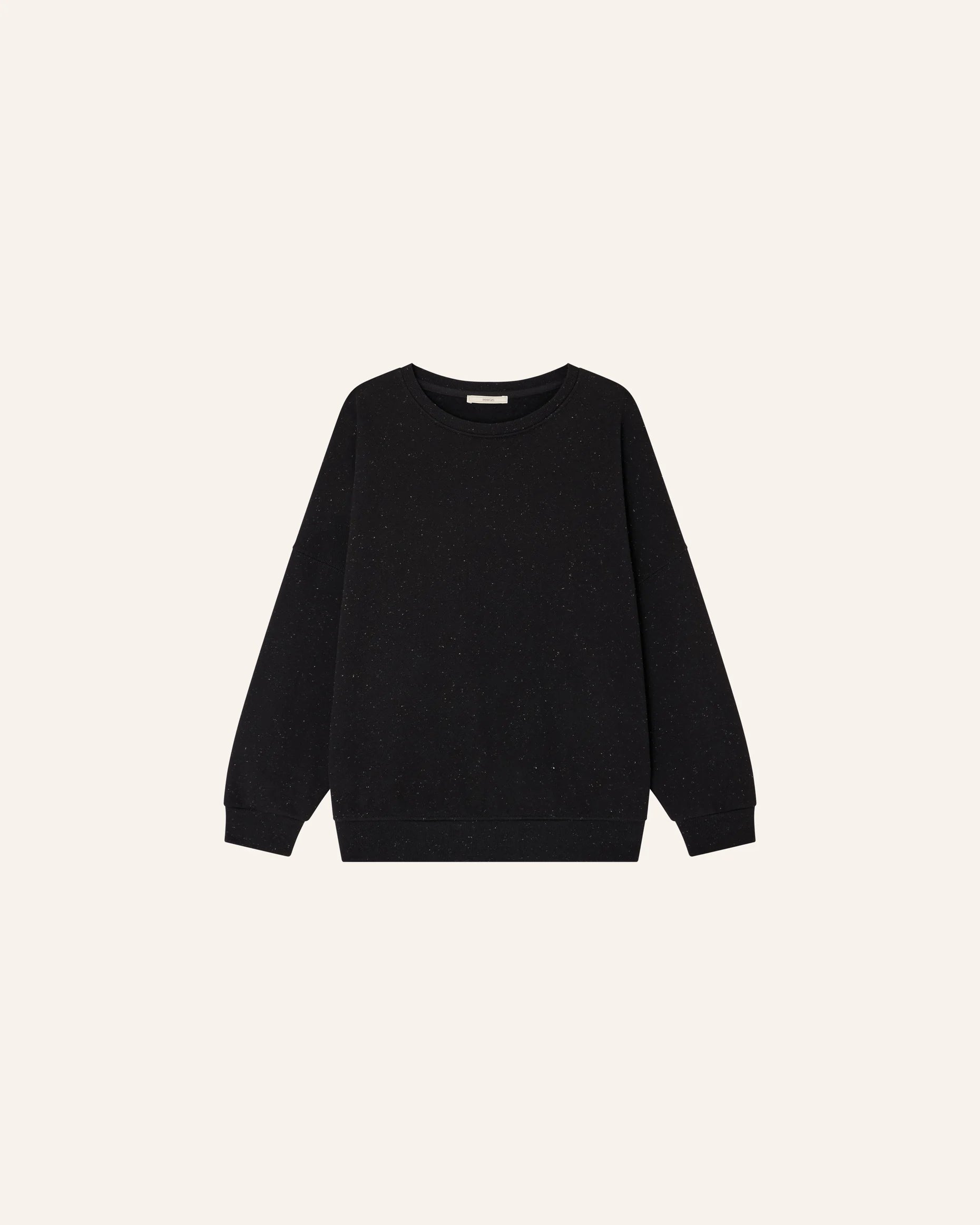 A black long-sleeve crewneck sweater displayed flat against a solid off-white background.