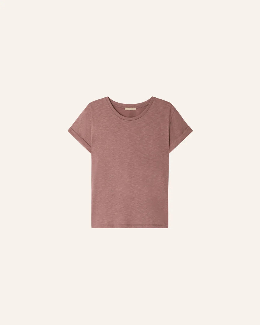 Marble rose cuffed short sleeve T-shirt on a white background