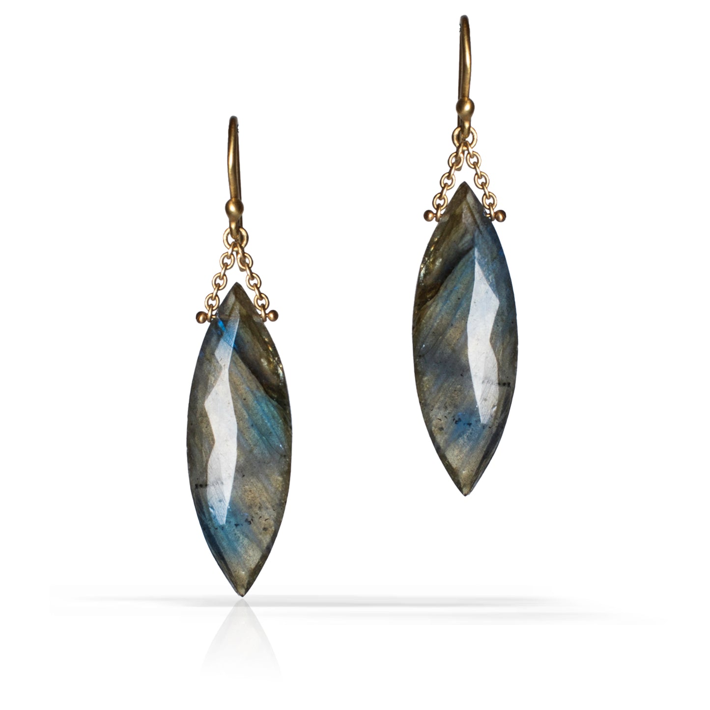 A pair of drop earrings featuring marquise-cut labradorite gemstones with a shimmering blue-gray color, suspended from antique bronze hooks with delicate chain details, set against a plain white background.
