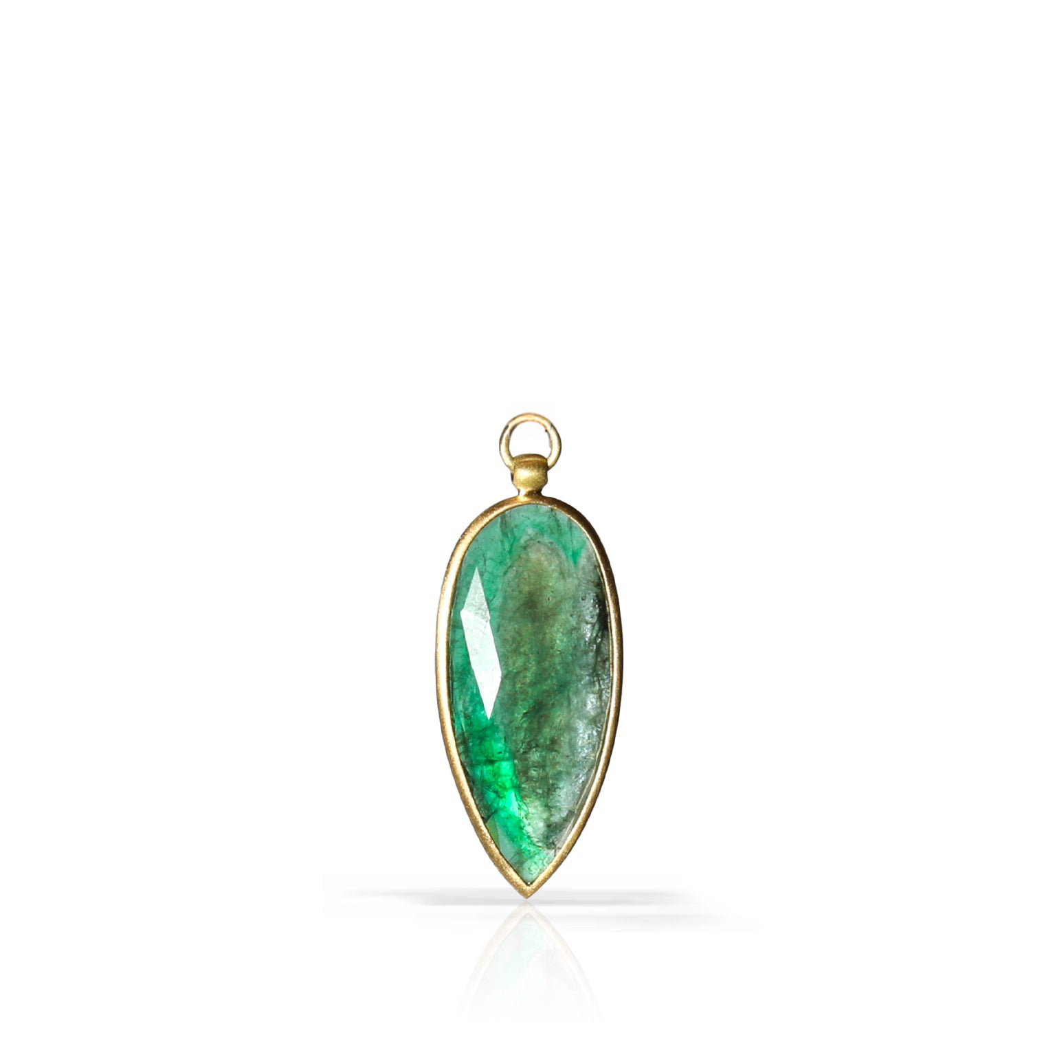 A teardrop-shaped green gemstone pendant with a gold bezel and loop, shown on a clean white background with a soft reflection below.